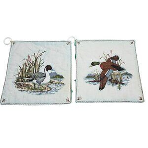 Vintage Duck Print Cotton‎ Pot Holders Set Of 2 Hanging Loops Homemade 80s 90s